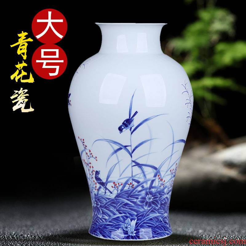 Jingdezhen ceramics by hand the draw reed bird blue and white porcelain vases, furnishing articles be born large flower arrangement sitting room decoration