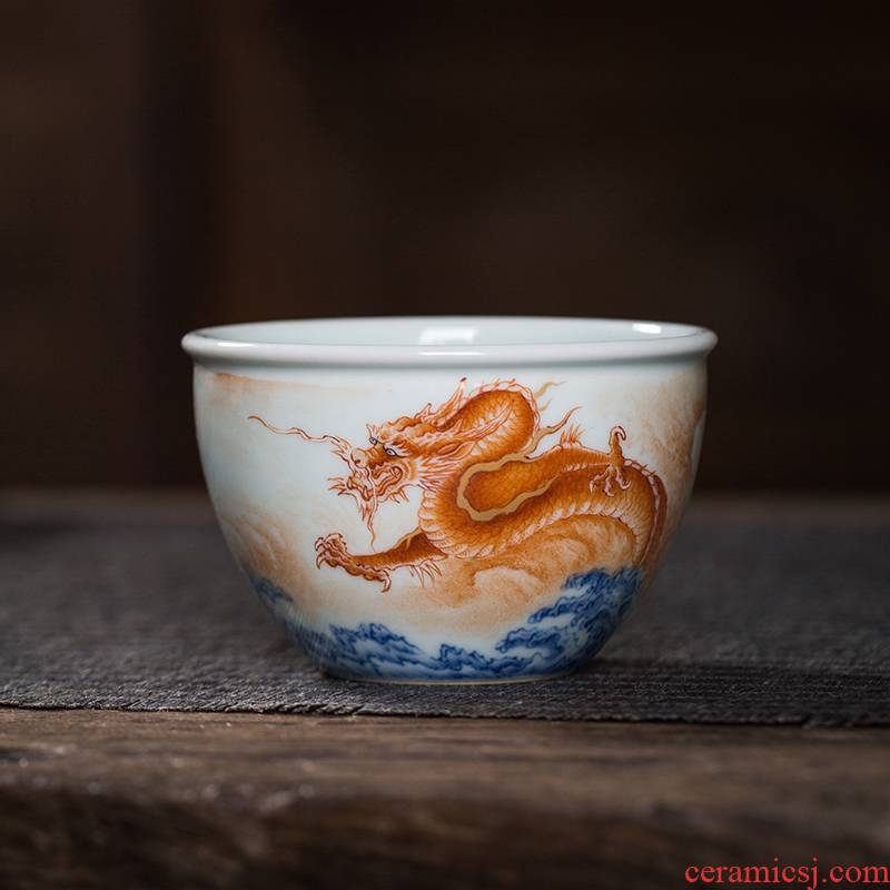 Owl up jingdezhen tea hand - made teacup alum red glaze porcelain dou dragon grain kung fu master cylinder cup a cup of tea cups