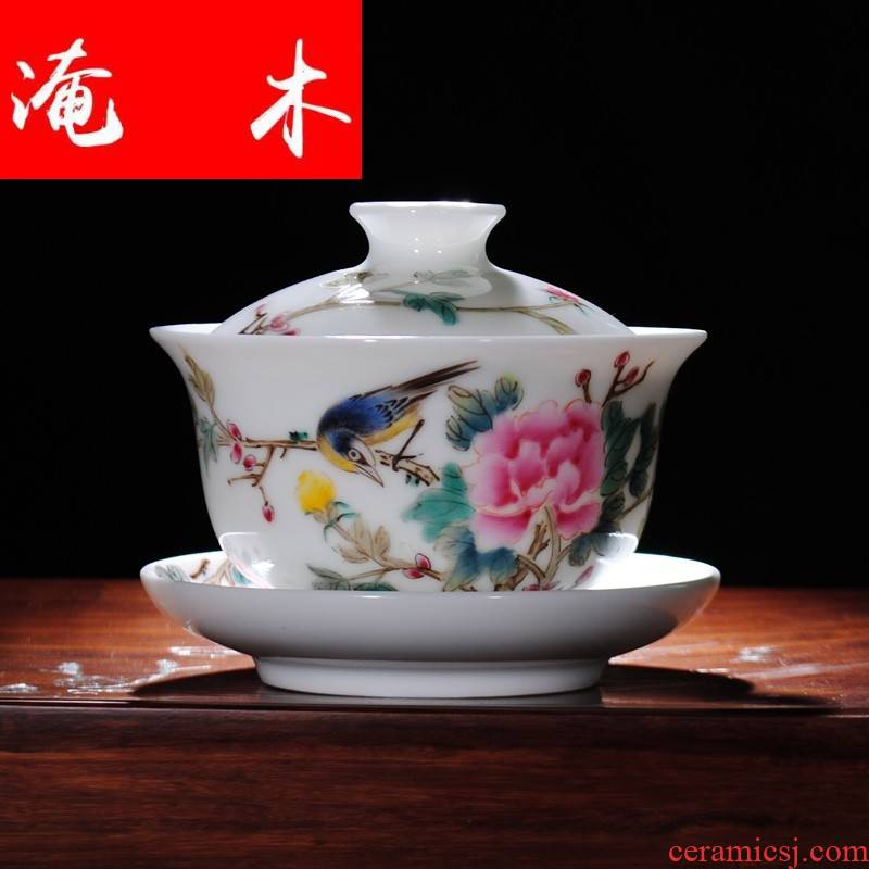 Submerged wood jingdezhen hand - made ceramic tureen tea service manual powder enamel three bowl of kung fu tea cup of the big yards