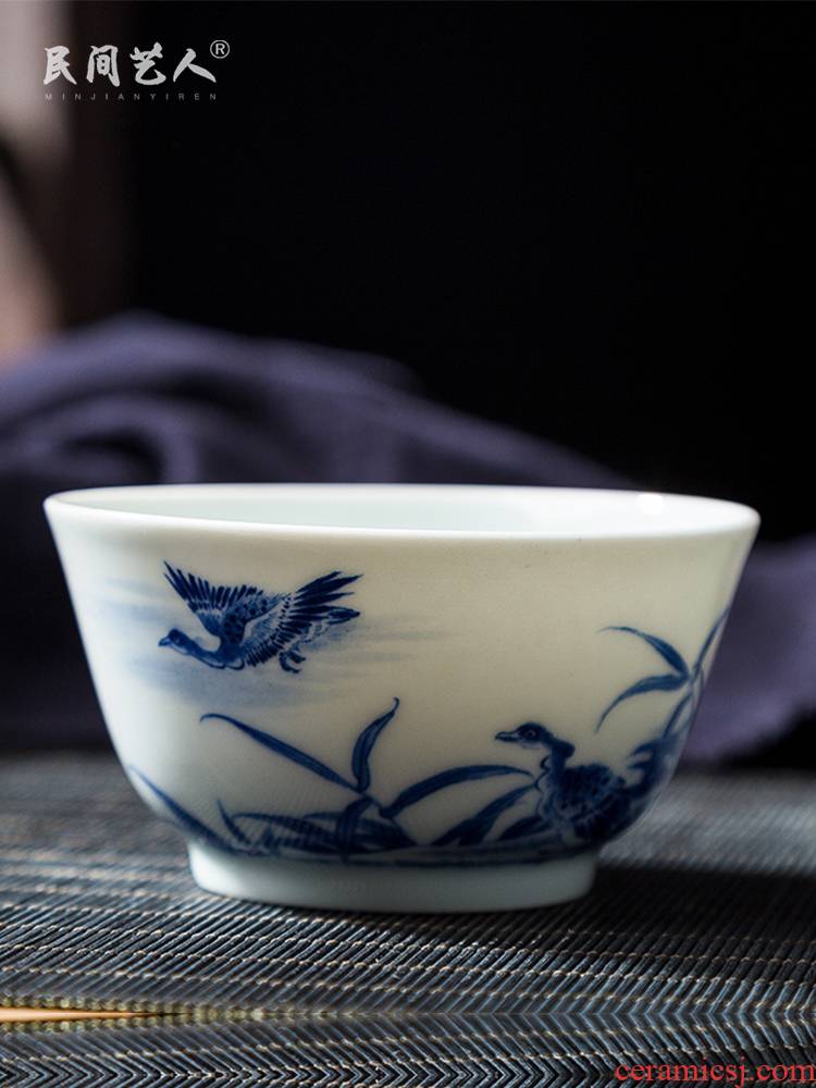 Jingdezhen ceramic hand - made master cup all hand blue LuYan figure kung fu tea cup bowl sample tea cup