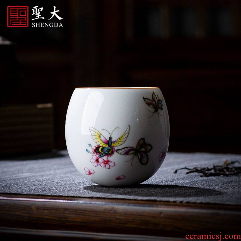Holy big ceramic kung fu tea master cup hand - made famille rose flower butterfly not cup of jingdezhen manual sample tea cup of tea