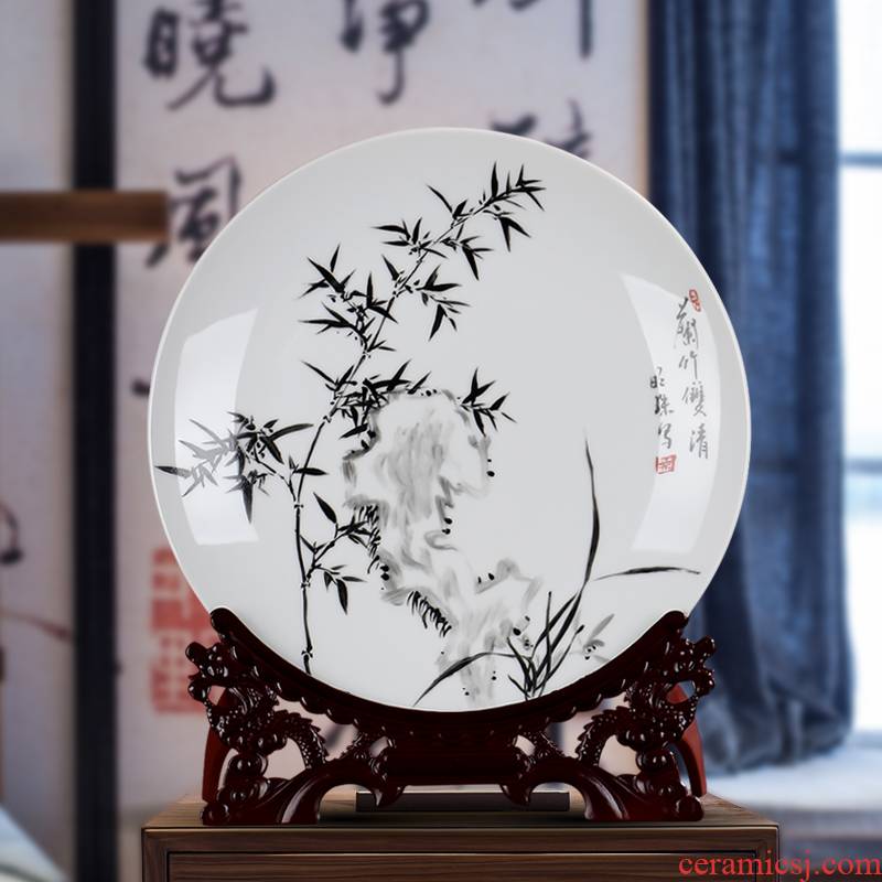 Hand - made ceramic decoration plate of jingdezhen porcelain furnishing articles sitting room sat dish hang dish LanZhu rich ancient frame wine arts and crafts