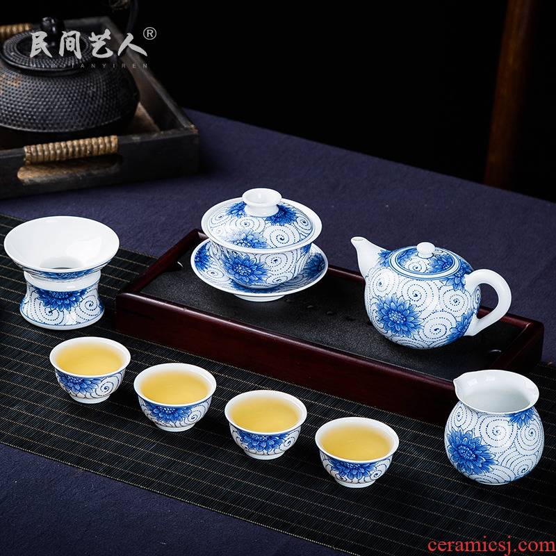 Blue - and - white ceramics fair sample tea cup teapot tea filter tureen zero with hand - made under glaze color high - white kung fu tea set