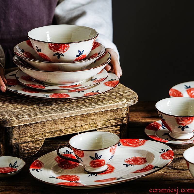 Nordic household ceramics tableware cup dish meal bowl of soup bowl of salad bowl dessert plate series tableware roses
