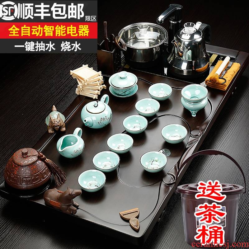 Qiao mu violet arenaceous kung fu tea set home office ceramic teapot teacup electric tea tea solid wood tea tray