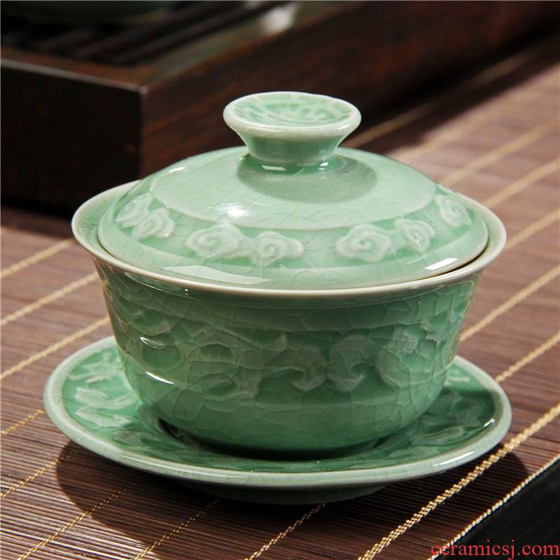 Qiao mu coarse TaoGe of blue and white porcelain up celadon up large kung fu tea set three bowl of tea bowl of tea tureen