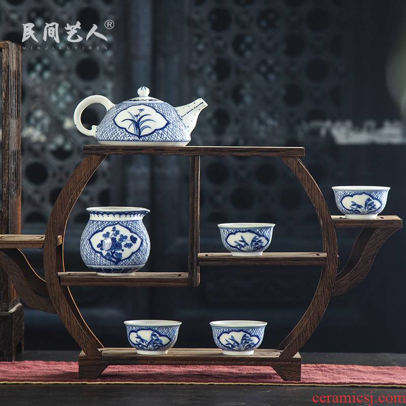 The Was a complete set of kung fu tea set jingdezhen blue and white hand - made ceramic teapot teacup suit household fair keller