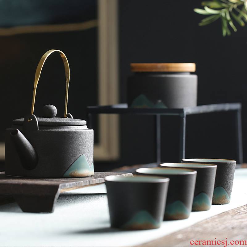 Japanese coarse pottery kung fu tea set suit household zen ceramic teapot household contracted tea gift box girder pot