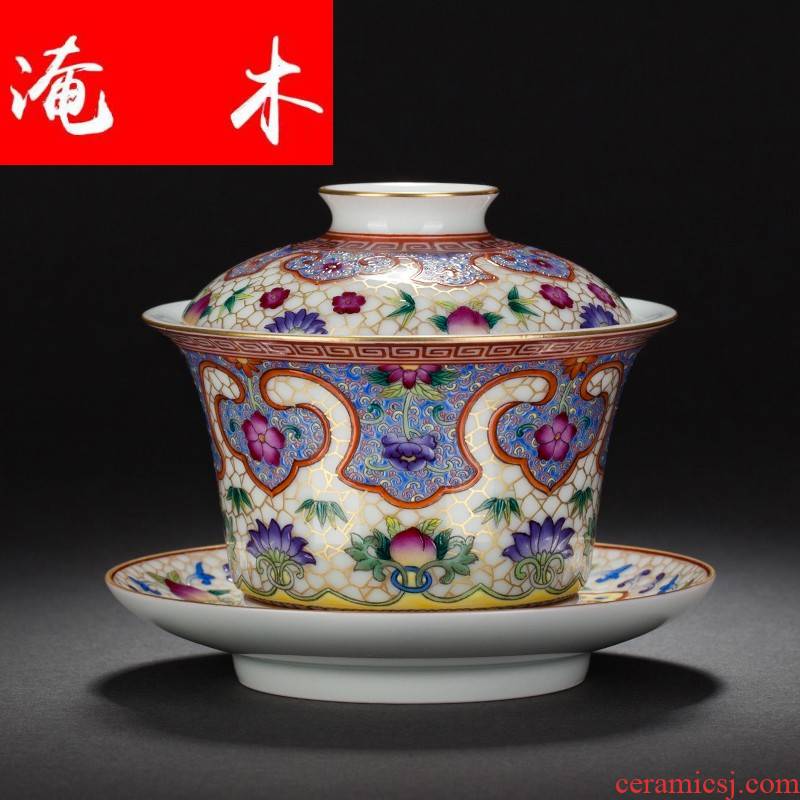 Flooded wooden tea service manual painting enamel ruyi lines 3 to make tea tureen peach large bowl pastel jingdezhen