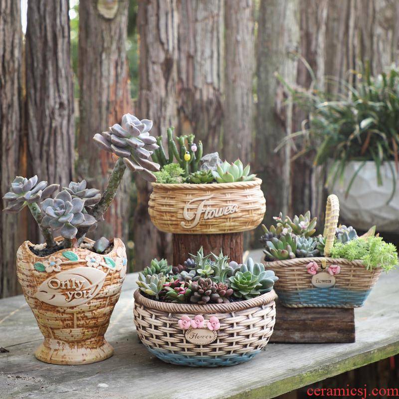 Ceramic pot bamboo has style originality more meat flowerpot more meat meat plant POTS coarse pottery special large clearance