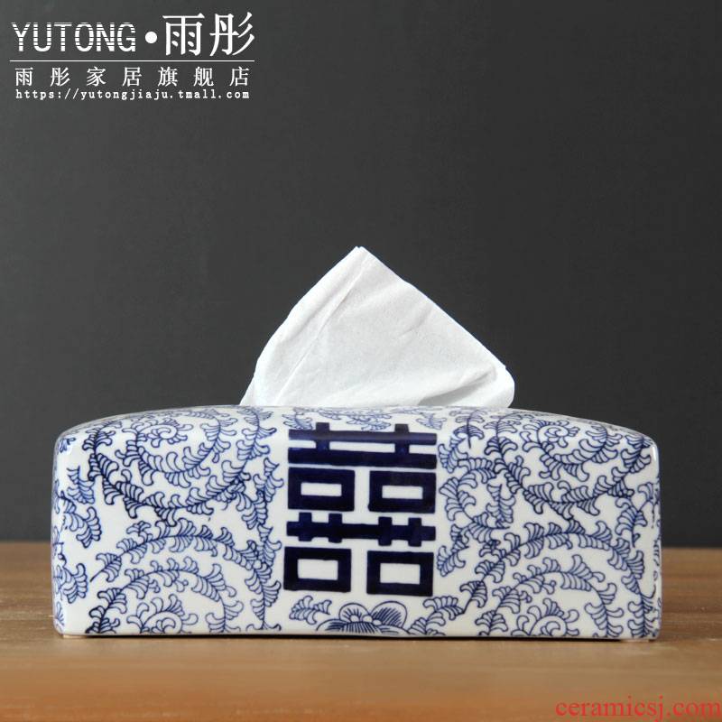 Jingdezhen blue and white porcelain tissue boxes sitting room tea table happy character creative desktop napkin box home sitting room is contracted