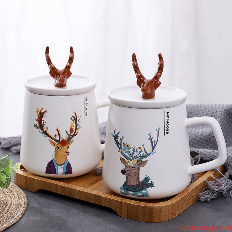 The kitchen Nordic INS creative antlers ceramic cup with cover cartoon keller student picking cups of coffee cup