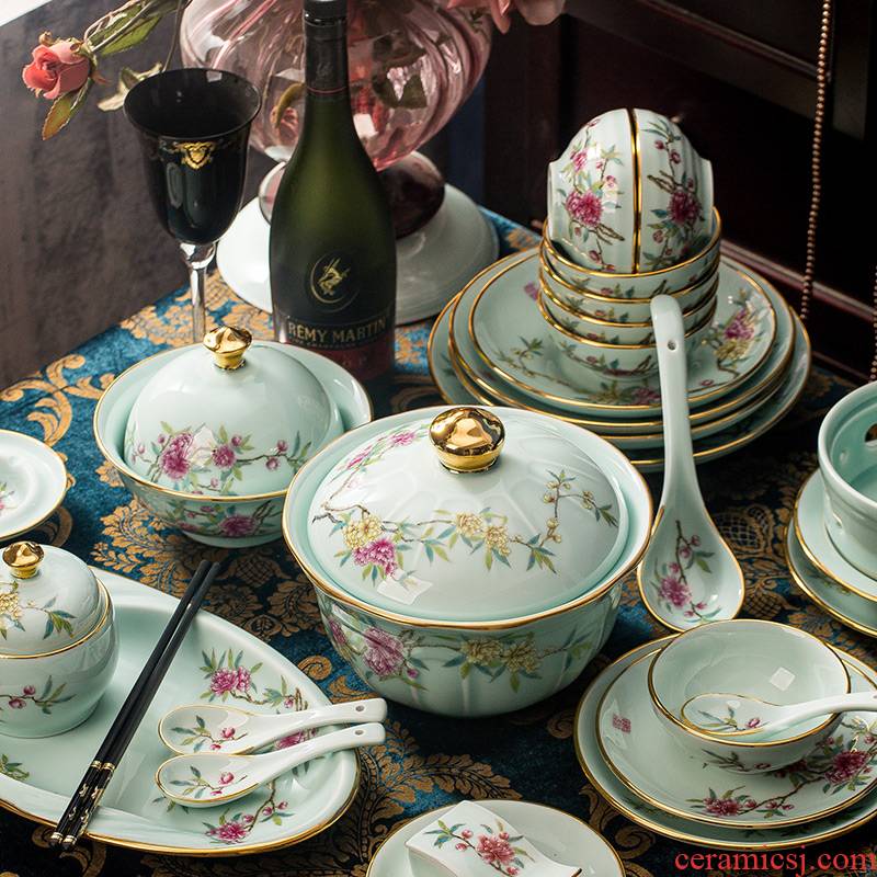 Jingdezhen Jingdezhen celadon tableware suit household of Chinese style up phnom penh dishes combine high - end dishes rich flower