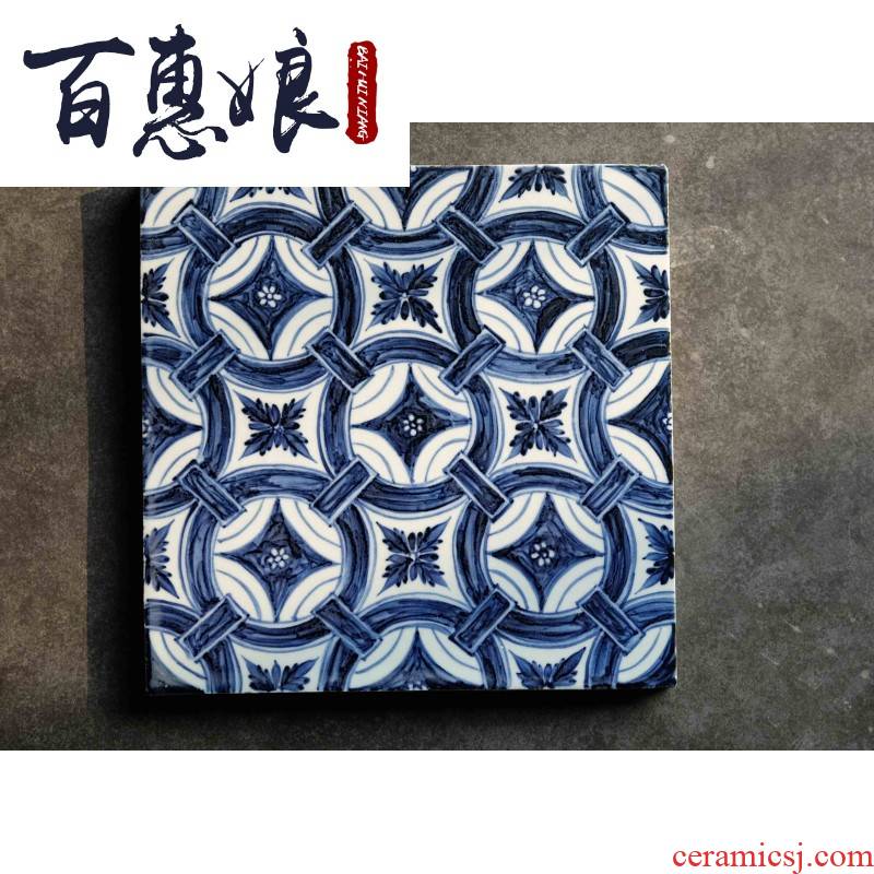 Yongle (niang view flavour hand - made of blue and white porcelain square brick checking ceramic tea set porcelain plate decoration