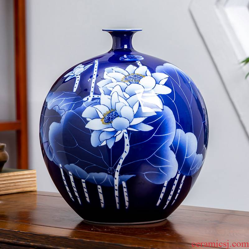 Jingdezhen porcelain ceramic hand - made lotus of blue and white porcelain vase furnishing articles rich ancient frame the sitting room of Chinese style household ornaments