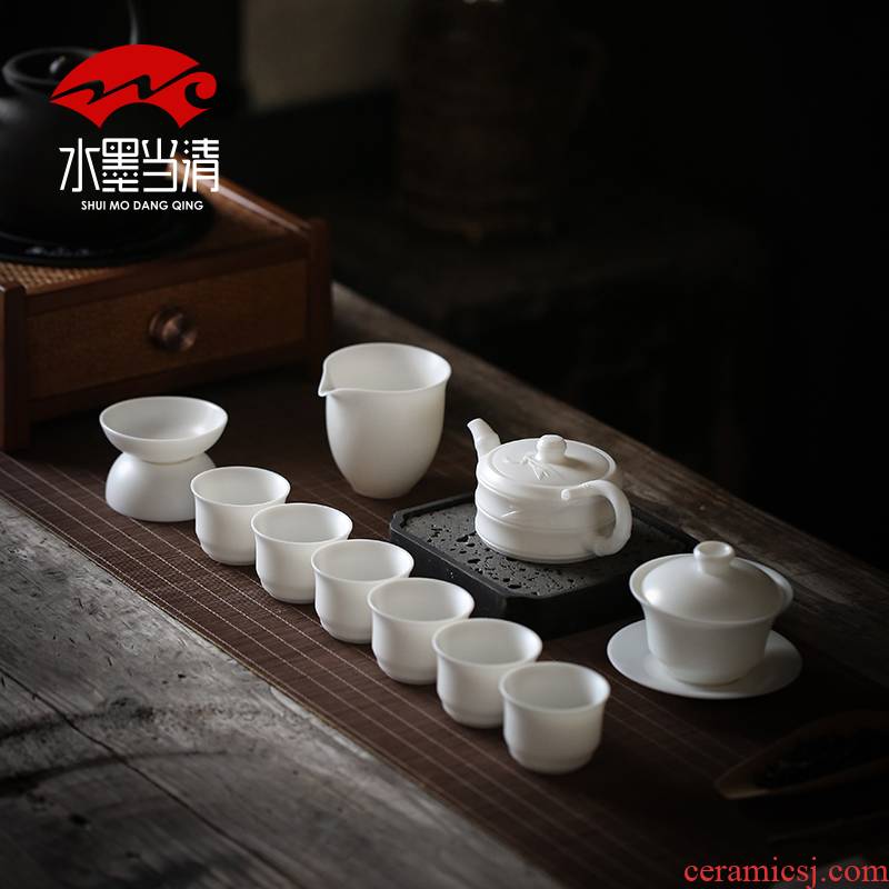 Dehua white porcelain kung fu tea set suit household pure white thin foetus lid bowl of tea cup office gift boxes