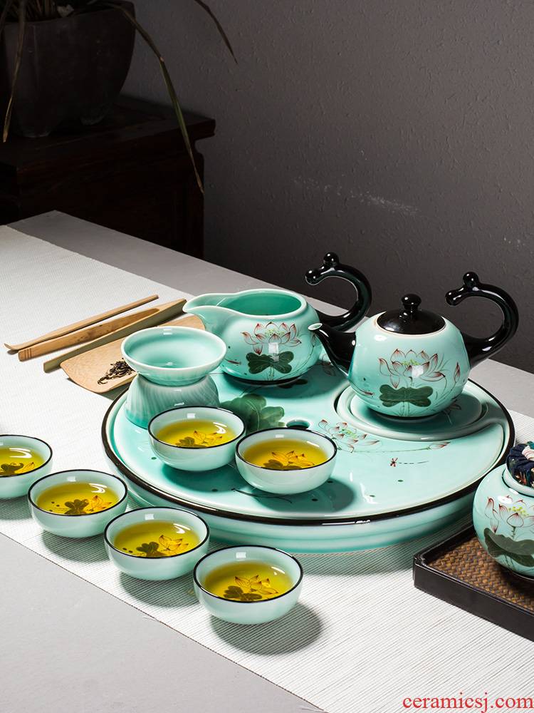 Kung fu tea set home office tea kettle celadon porcelain lotus jingdezhen hand - made tea tea table