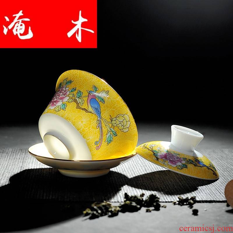 Grilled flooded jingdezhen wood powder enamel hand - made paint ceramic flower bowl kung fu tea set three tureen palace yellow and blue
