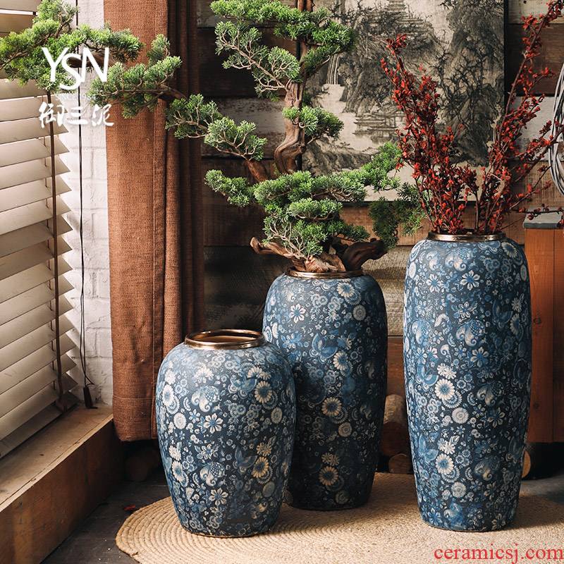 Three mud royal blue and white vase archaize ceramic flower implement landing Chinese wind restoring ancient ways furnishing articles drama props vases, flower implement