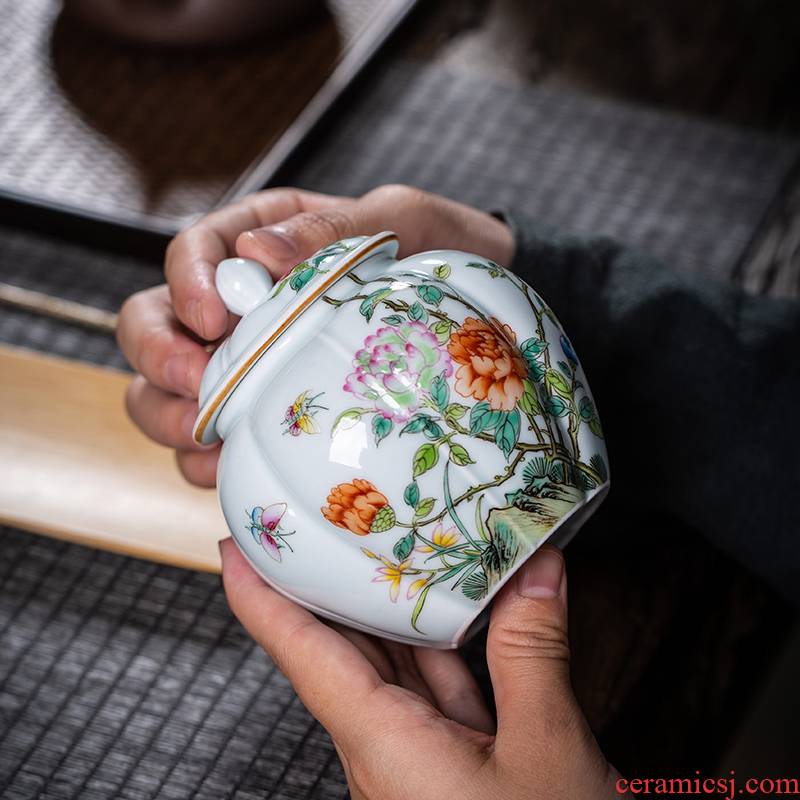 The Owl up with jingdezhen ceramic tea tea pot of green glaze painting of flowers and enamel jar sealed as cans small exquisite hand - made