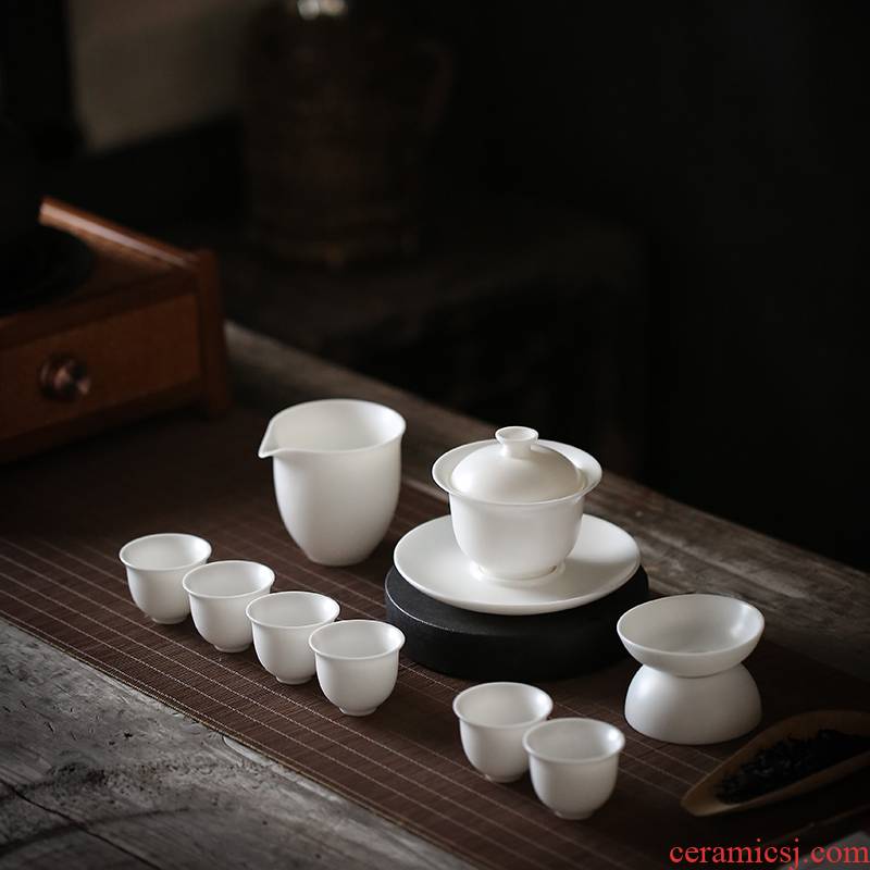 Dehua white porcelain kung fu tea set suit household pure white tureen teapot teacup office of a complete set of gift boxes
