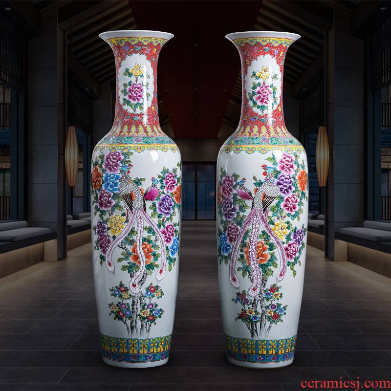 Jingdezhen porcelain ceramic floor extra large size vase hand - made pastel peony phoenix hotel sitting room adornment is placed