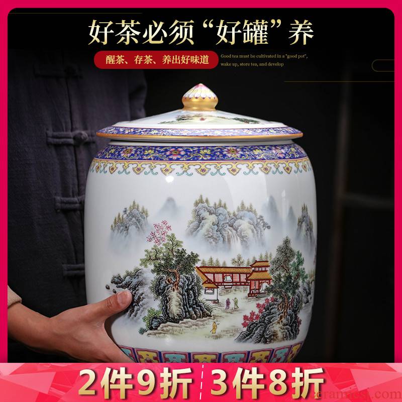 Jingdezhen ceramics caddy fixings large storage tank enamel household barrel with cover puer tea storage jar