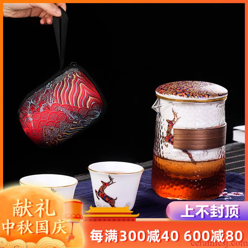 Travel as fairy glass tea set a pot of two cups of on - board, ceramic portable is suing crack cup package kung fu