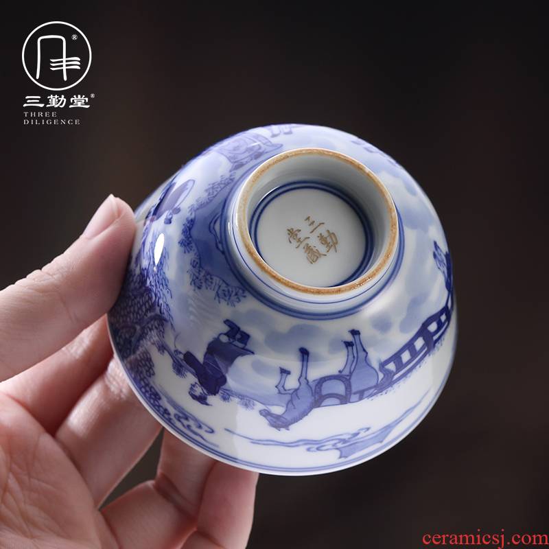 The three frequently ceramic cups jingdezhen blue and white master cup firewood kung fu tea pu - erh tea sample tea cup S43084
