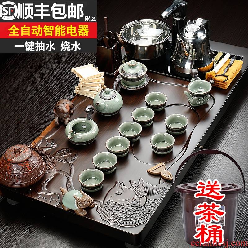 Qiao mu tea set ceramic kung fu tea set ebony wood tea tray of a complete set of fully automatic four one household