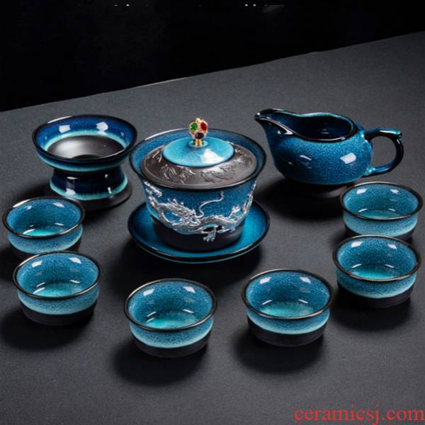 Ya xin kung fu tea set of a complete set of domestic up built red glaze, ceramic cups lid bowl with silver