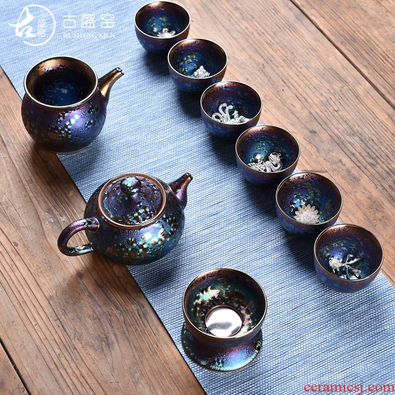 The Set of ancient sheng up new up temmoku colorful peacocks inlaid sterling silver tea Set office ceramic household