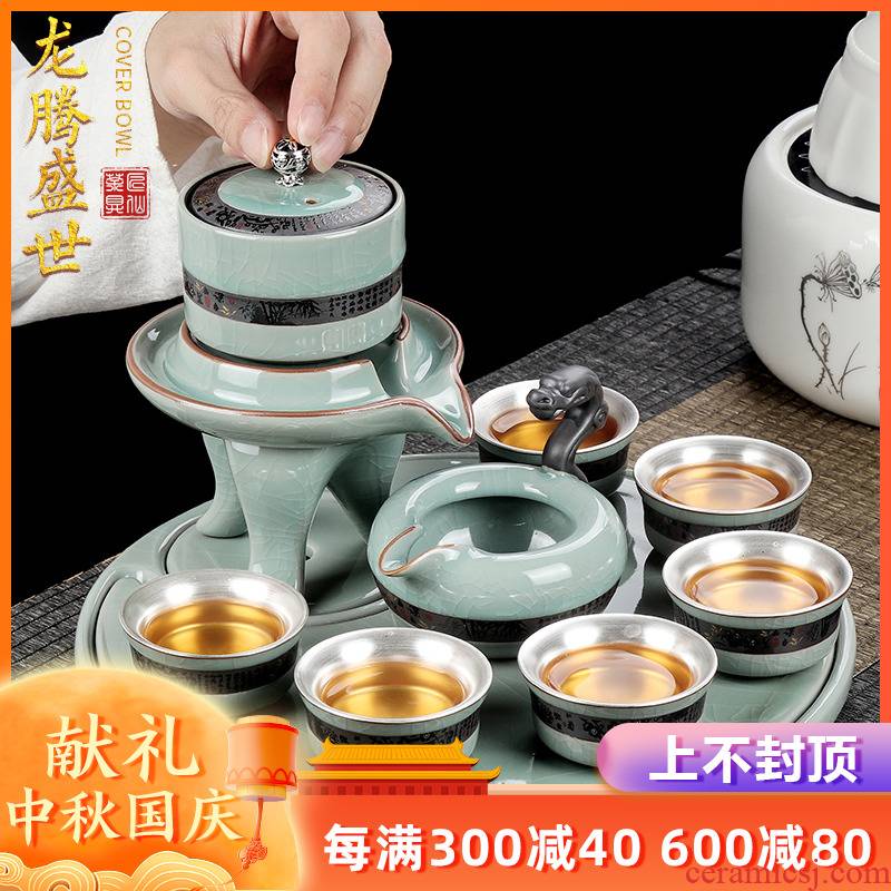 Artisan fairy an elder brother up coppering. As silver half automatic kung fu tea set ceramic household hot teapot set lazy person