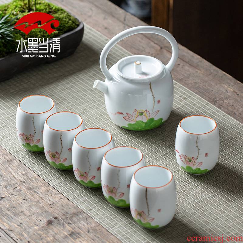 Dehua white porcelain pot a pot of six cups of kung fu tea set small hand - made girder suit household ceramics Chinese teapot teacup
