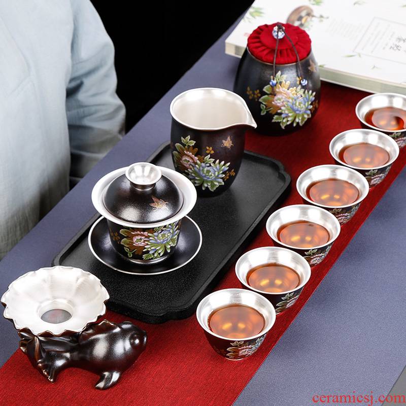 Tasted silver gilding kung fu tea set suit household ceramic cups visitor office tea silver Chinese style restoring ancient ways of gift boxes