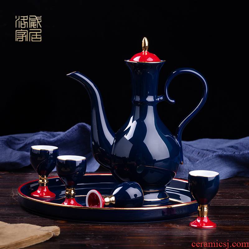 Ji blue wine suits for domestic household jingdezhen ceramic Chinese liquor cup archaize flagon gift box with a small handleless wine cup