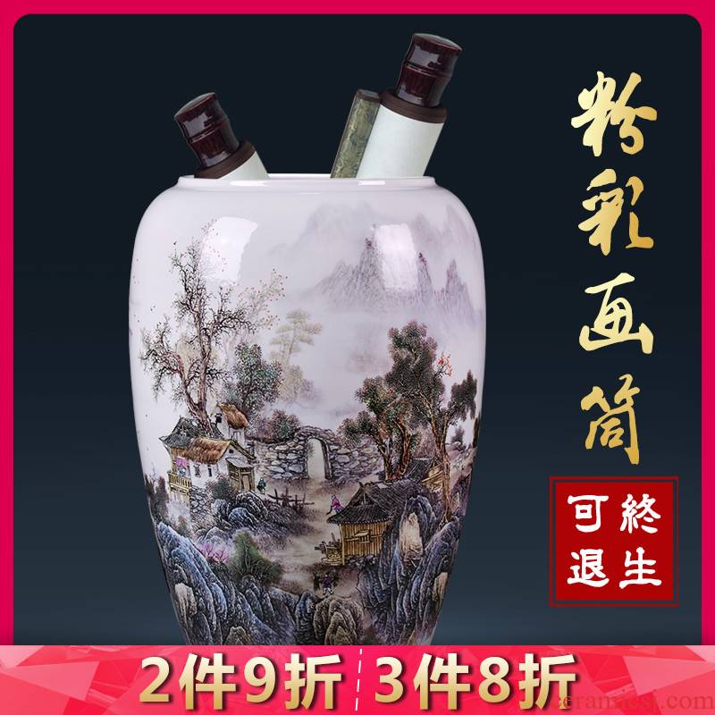 Jingdezhen ceramics painting and calligraphy tube scroll cylinder quiver powder enamel vase landed study sitting room adornment is placed
