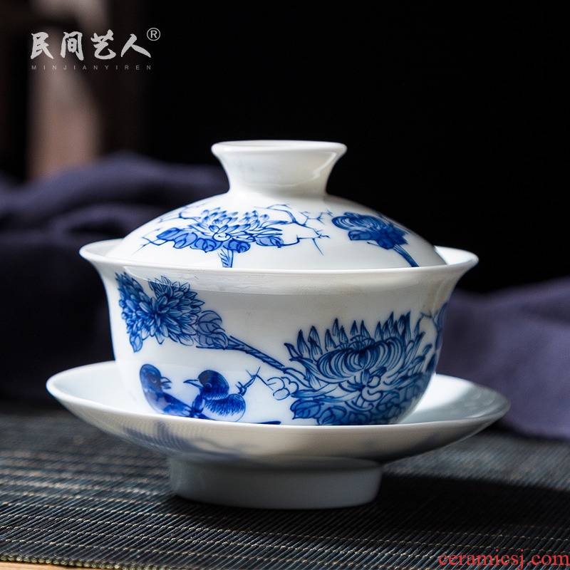 Jingdezhen hand - made ceramic tureen live three finger bowl to bowl of blue and white porcelain cup bowl tray