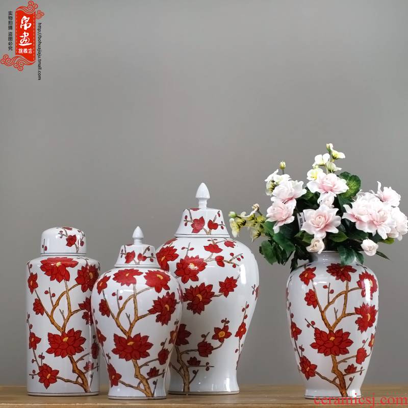 Jingdezhen ceramic vases, creative home sitting room vase light key-2 luxury furnishing articles decorative flower red maple leaf vase