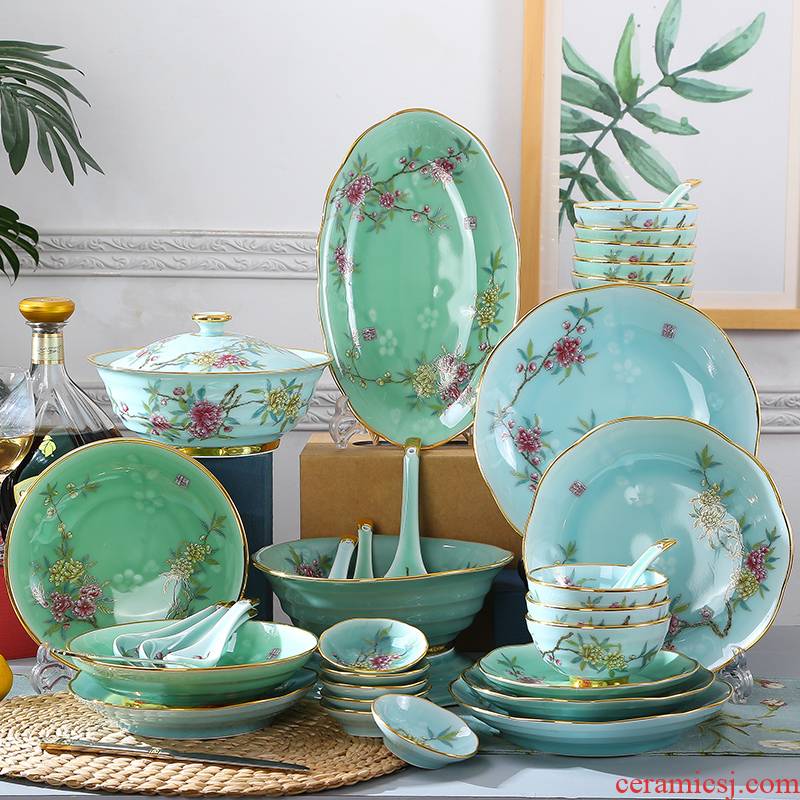 Jingdezhen Jingdezhen celadon tableware suit household of Chinese style up phnom penh dish combination of high - grade dishes three color combinations