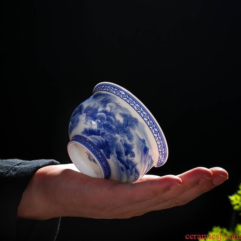 . Poly real one thousand fire scene jingdezhen blue and white porcelain ceramic cup single hand - made manual landscape to use large kung fu
