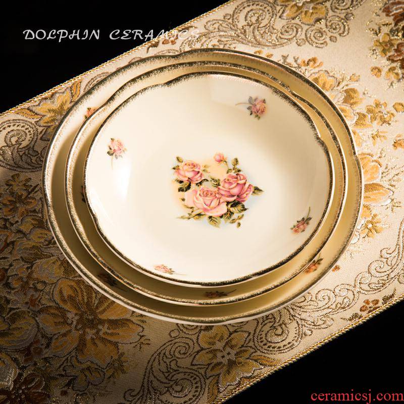 The queen of Korean golden rose ceramic plate household food dish classical high - grade flat disc deep soup dish of trumpets