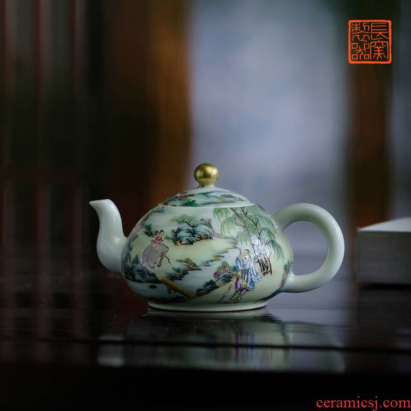 Long up controller offered home - cooked pastel qingming outing in poetic figure teapot jingdezhen pure manual imitation of tea set