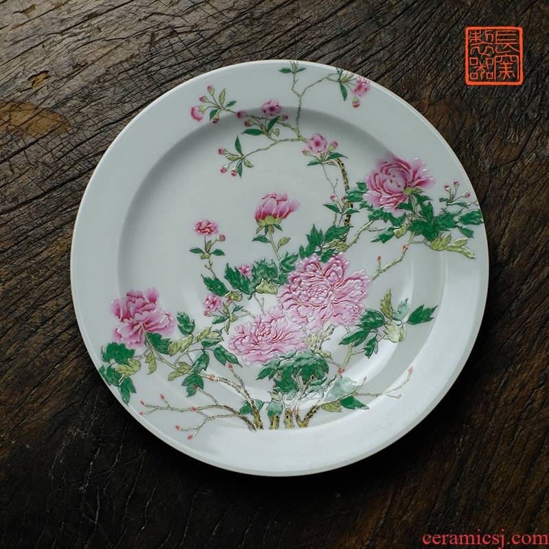 Long up controller hand - made peony dish to admire the dish compote ground decoration plate of jingdezhen ceramics by hand