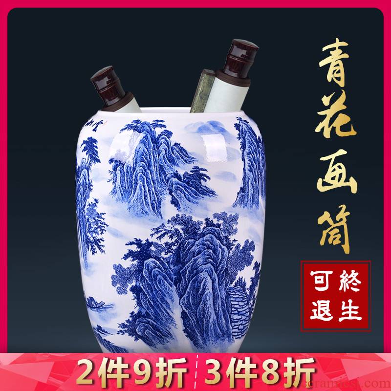 Jingdezhen ceramic blue and white landscape painting and calligraphy cylinder scroll quiver vase landed ornaments sitting room place the study