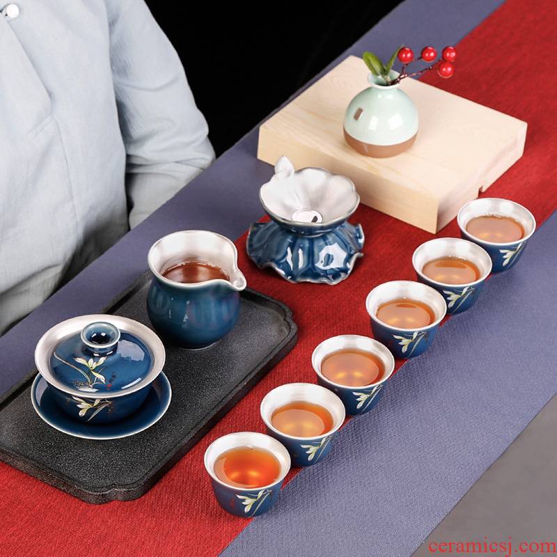 Jingdezhen silver kung fu tea set ceramic tureen tea cup six people tasted silver gilding office contracted and I
