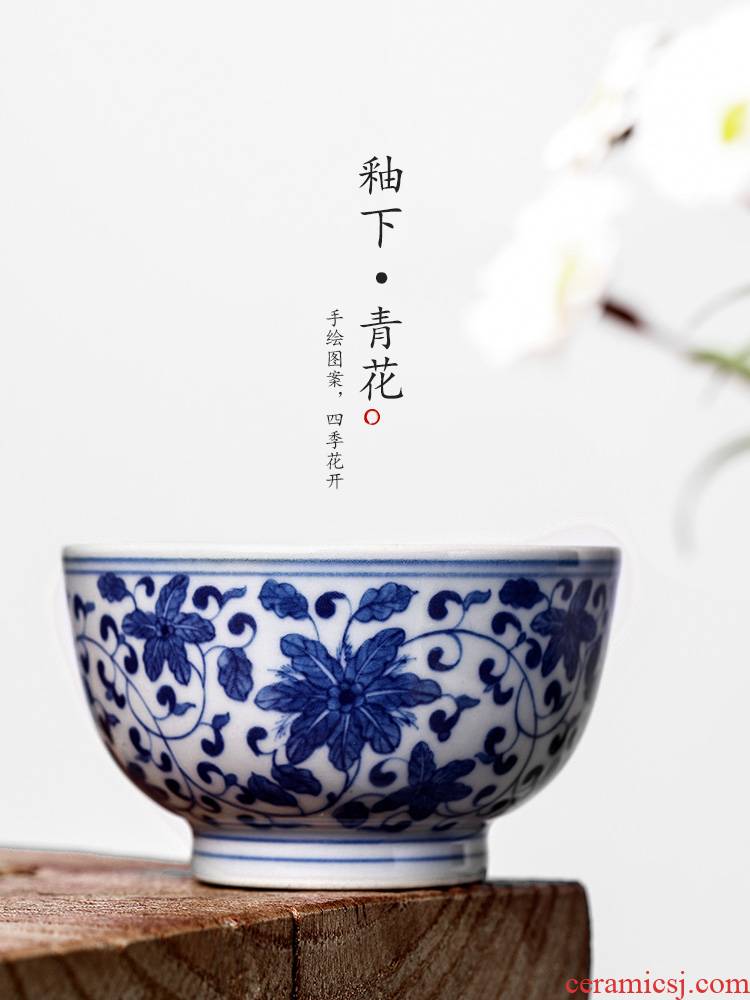 Jingdezhen blue and white master kung fu tea cup of pure manual hand - made ceramic sample tea cup single cup tie up lotus flower tea man