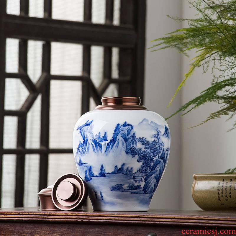 The Poly real view jingdezhen blue and white tea caddy fixings hand - made ceramic alloy cover seal warehouse two large household moistureproof