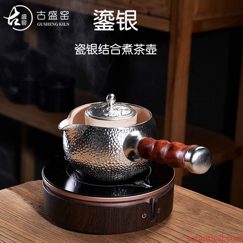 Ancient sheng up new sterling silver boil pot of silver white pottery glaze tea tasted silver gilding side ShenCha manual hammer eye grain to boil the kettle