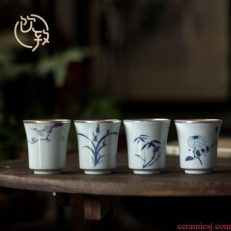 The Sample tea cup ultimately responds tasted silver gilding to blue and white porcelain teacup hand - made kung fu masters cup manual single cup of tea light cup restoring ancient ways
